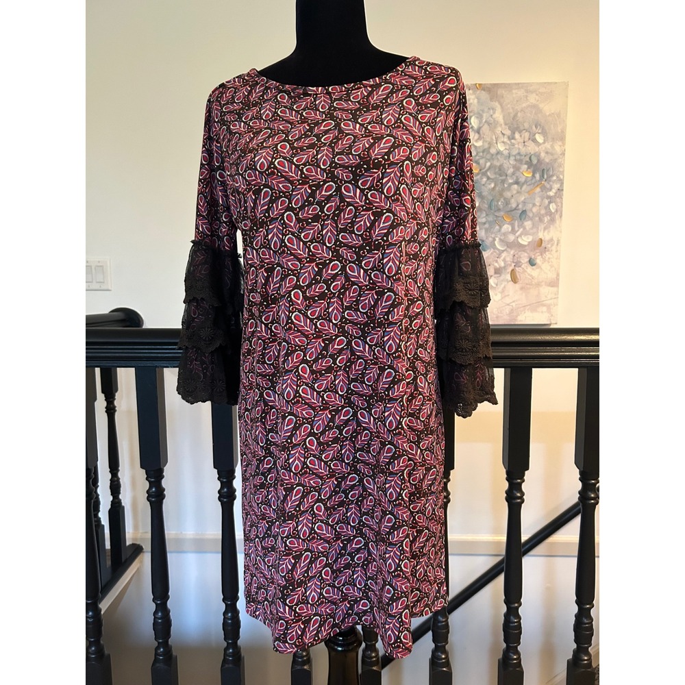 Uncle Frank Paisley Feather Print Dress Lace Tiered Bell Sleeve Burgundy Blue M